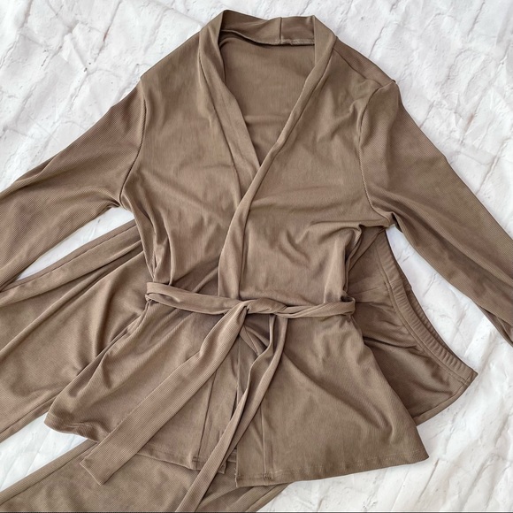 SOLD Mocha Brown Ribbed Wrap Belted Robe Top Flare Pajama Lounge Pants Set M - Picture 7 of 8